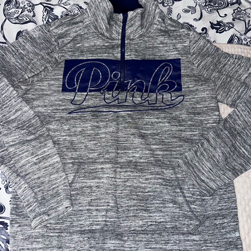 Gray Quarter-Zip Pullover with Blue Logo PINK Victoria’s Secret women’s small